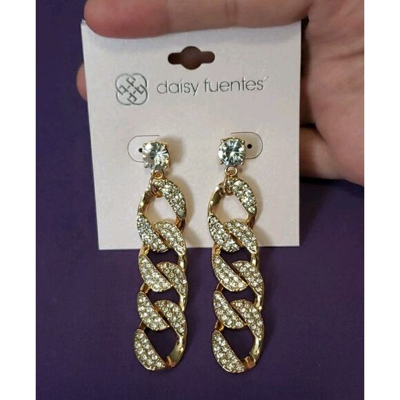 Daisy Fuentes Long Dangle Statement Earrings Gold Tone Clear Rhinestones New - Picture 2 of 6